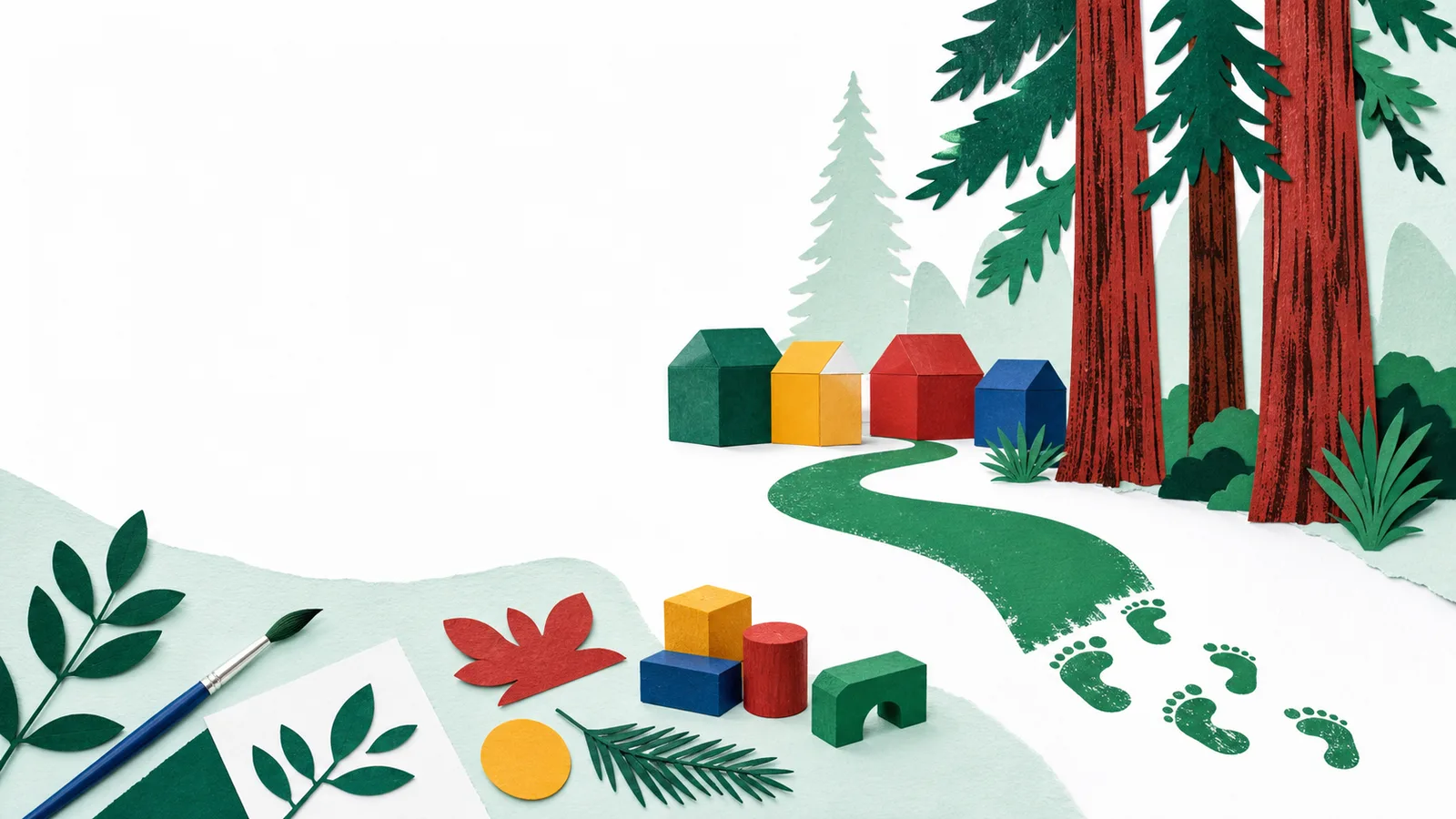 Cut-paper illustration of four classroom blocks and a green path becoming footprints beneath redwood trees, with art materials nearby